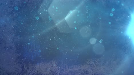 fly white snowflake and glitters on blue background