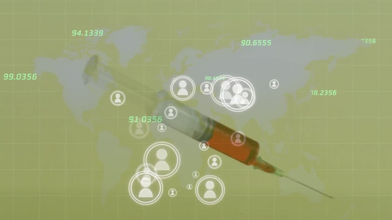 소셜미디어 사용자들이 주사기와 숫자를 가진 세계 지도 위에 있는 애니메이션