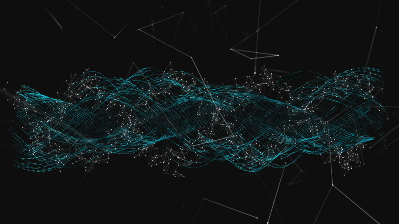 Glowing waves and Web of connections against black background