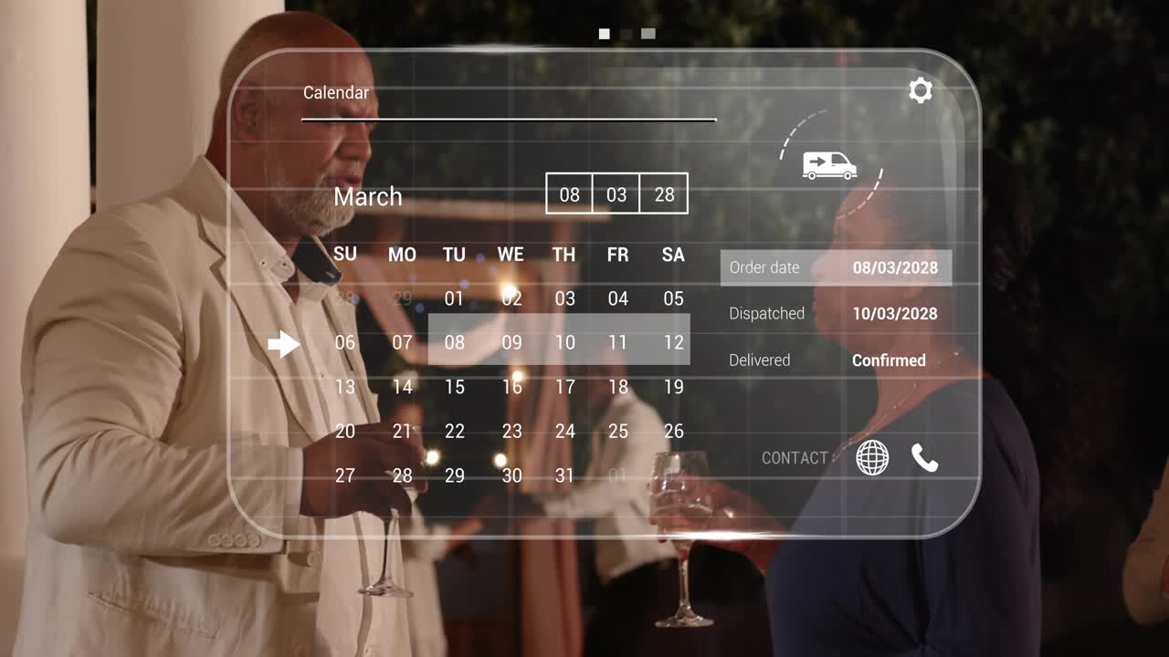 Man in blazer gesturing on patio holo calendar fading in confirming retail delivery offering glass