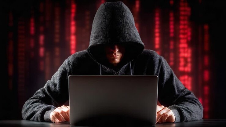 Una figura misteriosa con una felpa con cappuccio intenta a svolgere attività intriganti su un laptop, circondata da uno sfondo digitale con codici rossi in stile Matrix che rappresentano gli intricati sistemi informatici