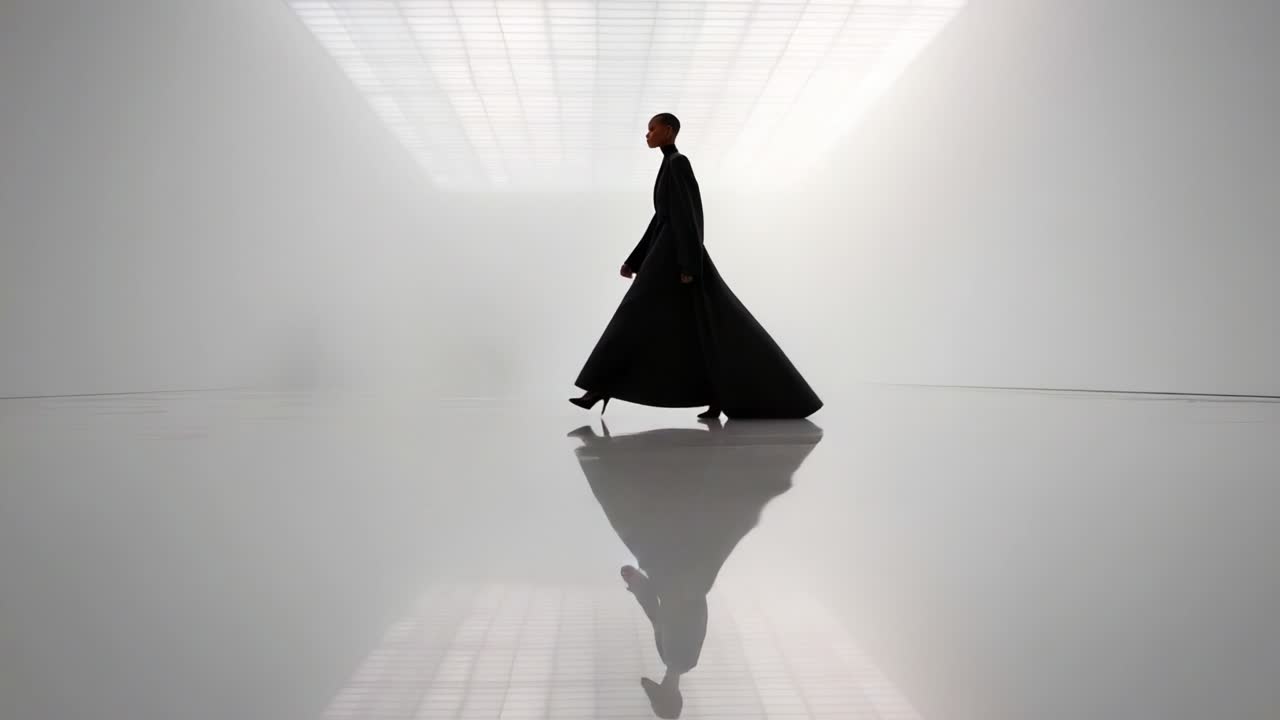 Elegante modella in abito lungo nero che cammina con grazia in uno spazio minimalista, enfatizzando il design moderno e l'espressione artistica con illuminazione drammatica e riflesso