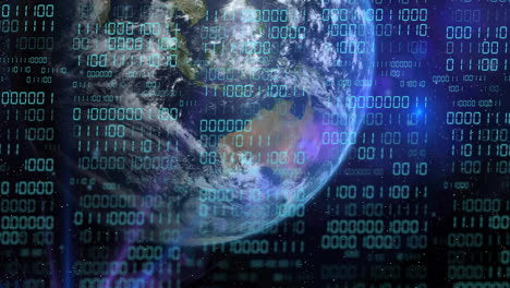 código binario y procesamiento de datos sobre la tierra en el espacio, concepto de tecnología digital