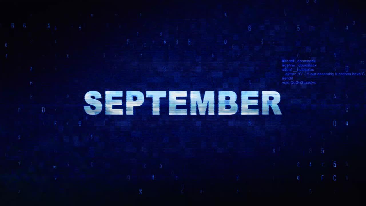 Testo Settembre, rumore digitale, effetto twitch e glitch, sfondo animato in loop per schermo TV, accesso e
