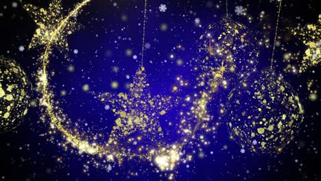 Animation-of-shooting-star-and-golden-stars-and-baubles-on-blue-background