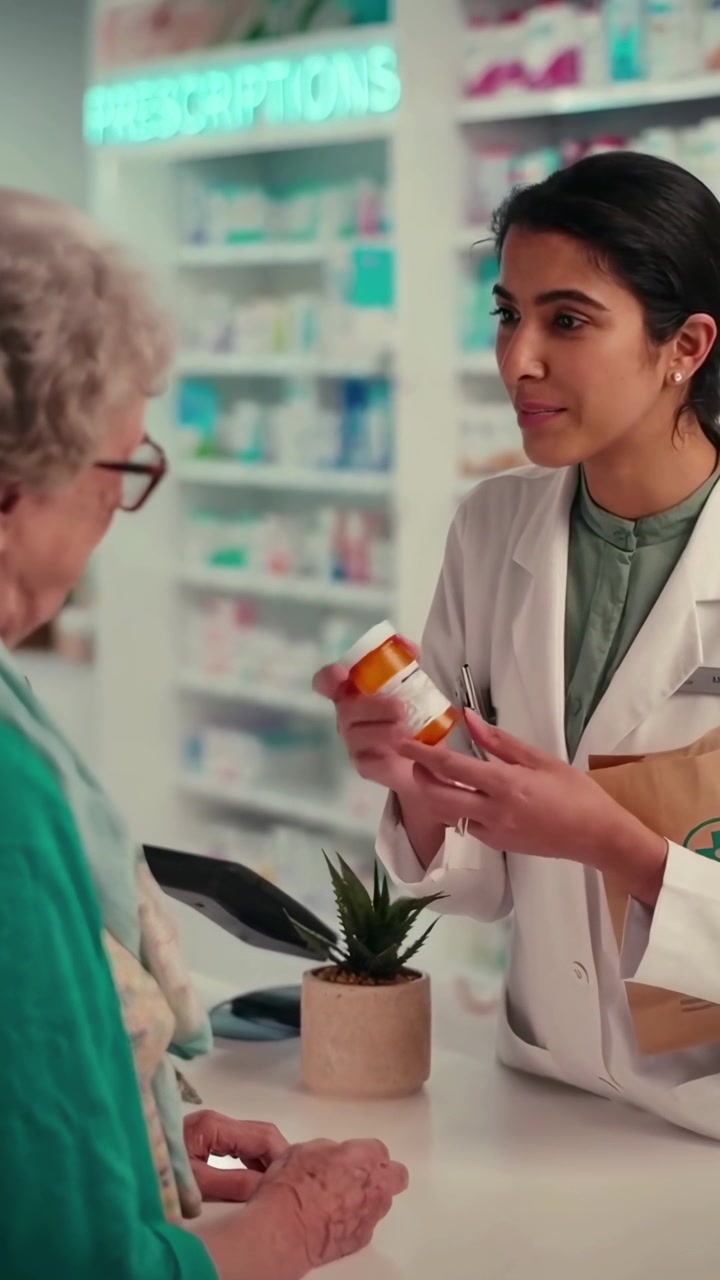 Farmacêutico Explicando Receita a Cliente Idoso em Farmácia