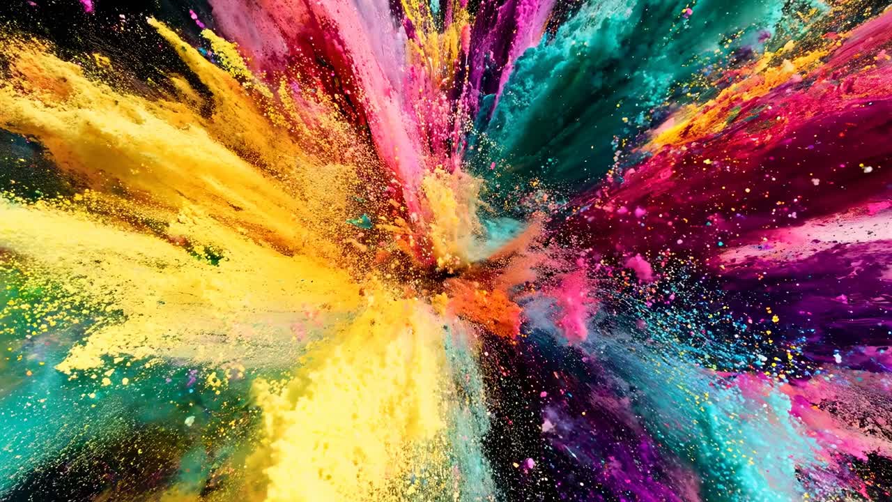 Esplosione dinamica di colori vivaci catturata da una ripresa ad angolo elevato, che ricorda uno scoppio di vernice