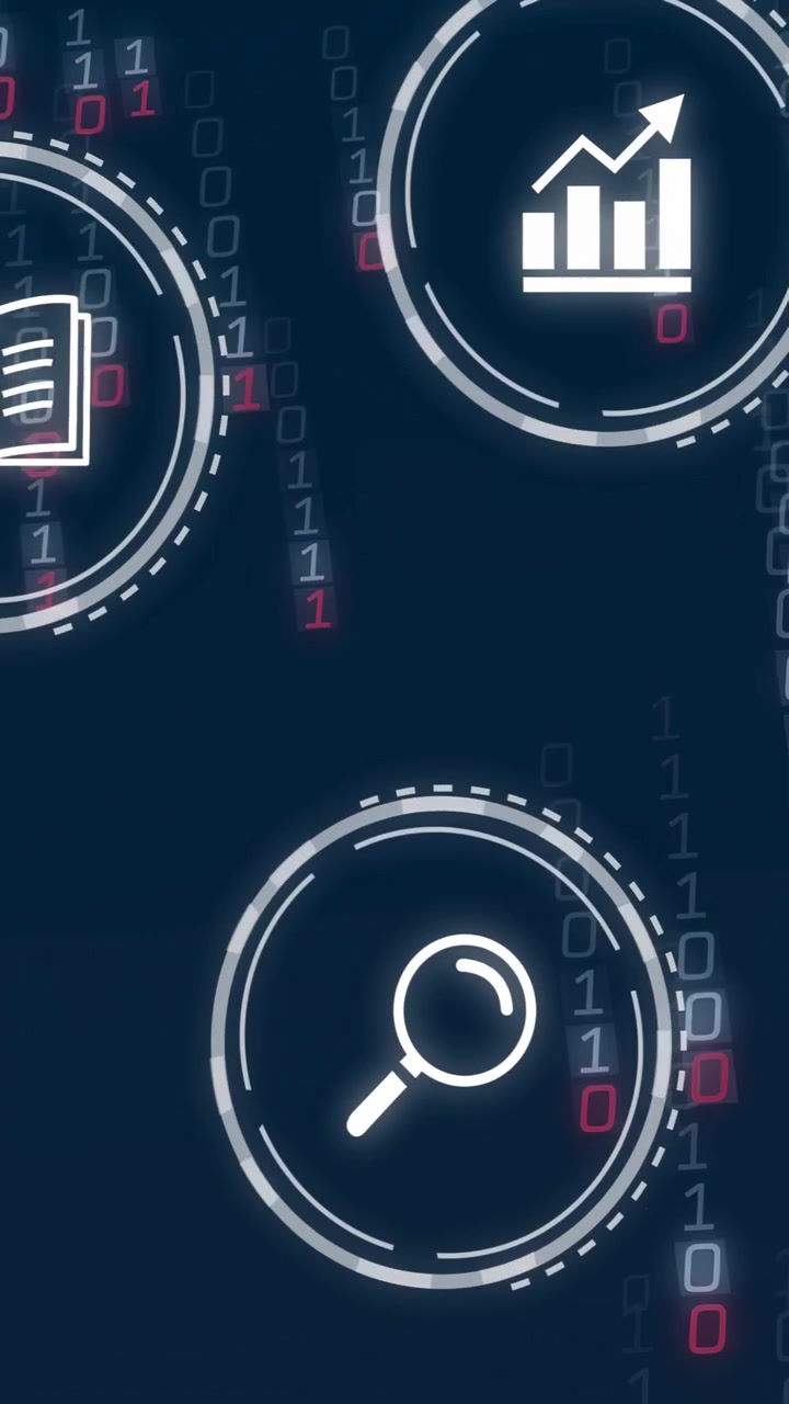 Vertical video: Camera sweep starting upward pan glowing rings moving pulsing spinning showing data