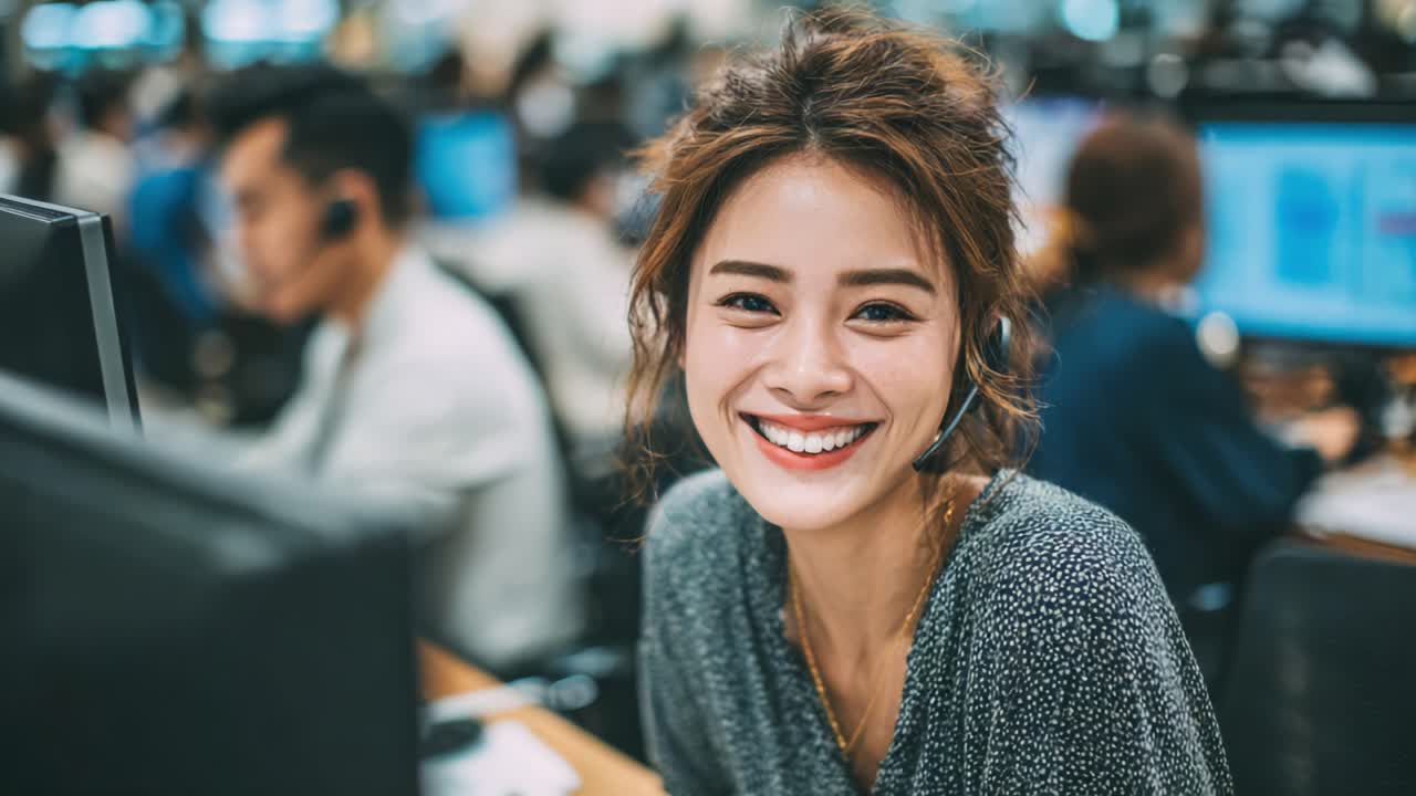 A Joyful Customer Service Representative Smiling at Work, Engaging with Clients in a Dynamic Office Environment Filled with Colleagues