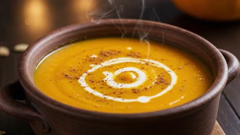 steaming bowl of creamy pumpkin or squash soup with a cream swirl and spices