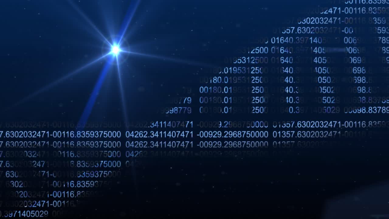 Animation of numbers changing and forming dna helix rotating with lens flare on abstract background