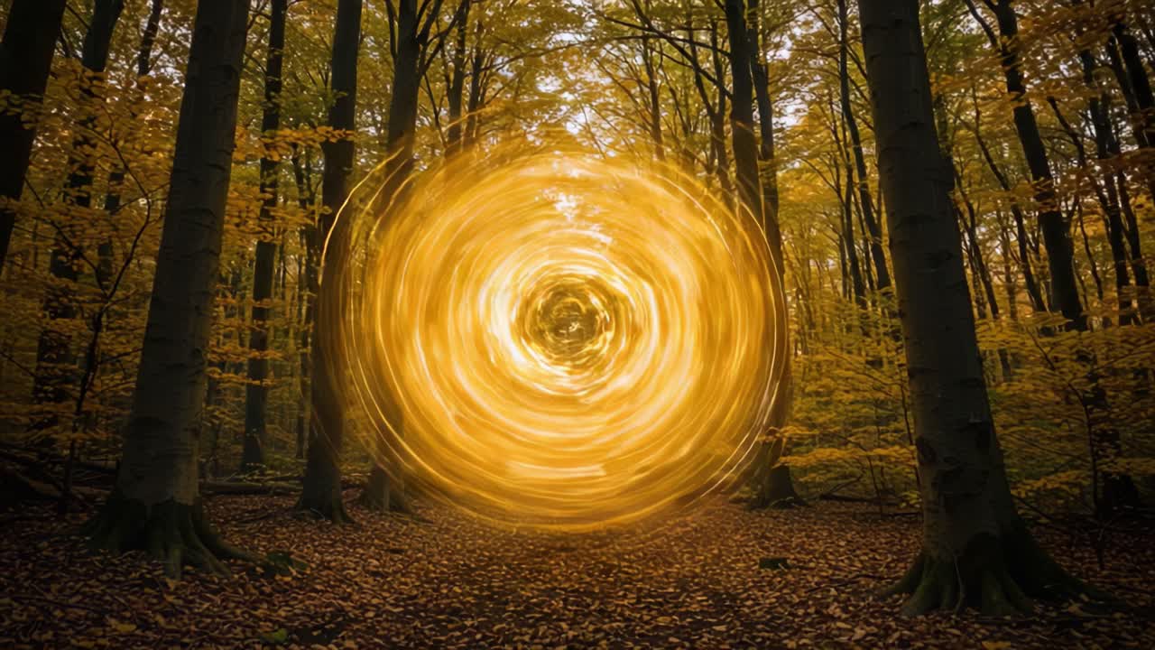 A Mystical Golden Spiral of Light Amidst Autumnal Trees Creating a Dreamlike Atmosphere in a Tranquil Forest Setting