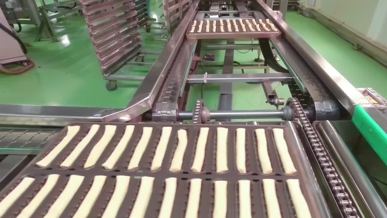 Close Up of food cake factory on an assembly line, automated Cookies on a Conveyor Belt Production Line in a Factory, ready for packaging and distribution