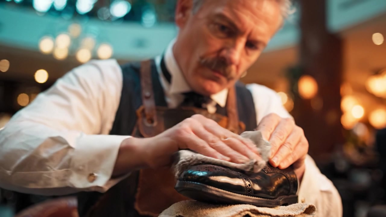 Ein erfahrener Handwerker poliert feine Lederschuhe mit Präzision und Sorgfalt in einer gemütlichen Umgebung und zeigt dabei die Kunst der Schuhpflege und Handwerkskunst in Aktion