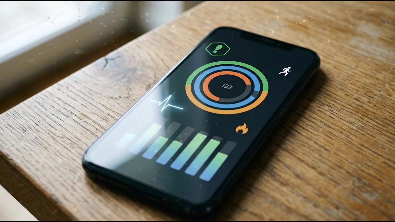Colorful smartwatch showing circular health metrics on a wooden table in an advanced scientific visualization