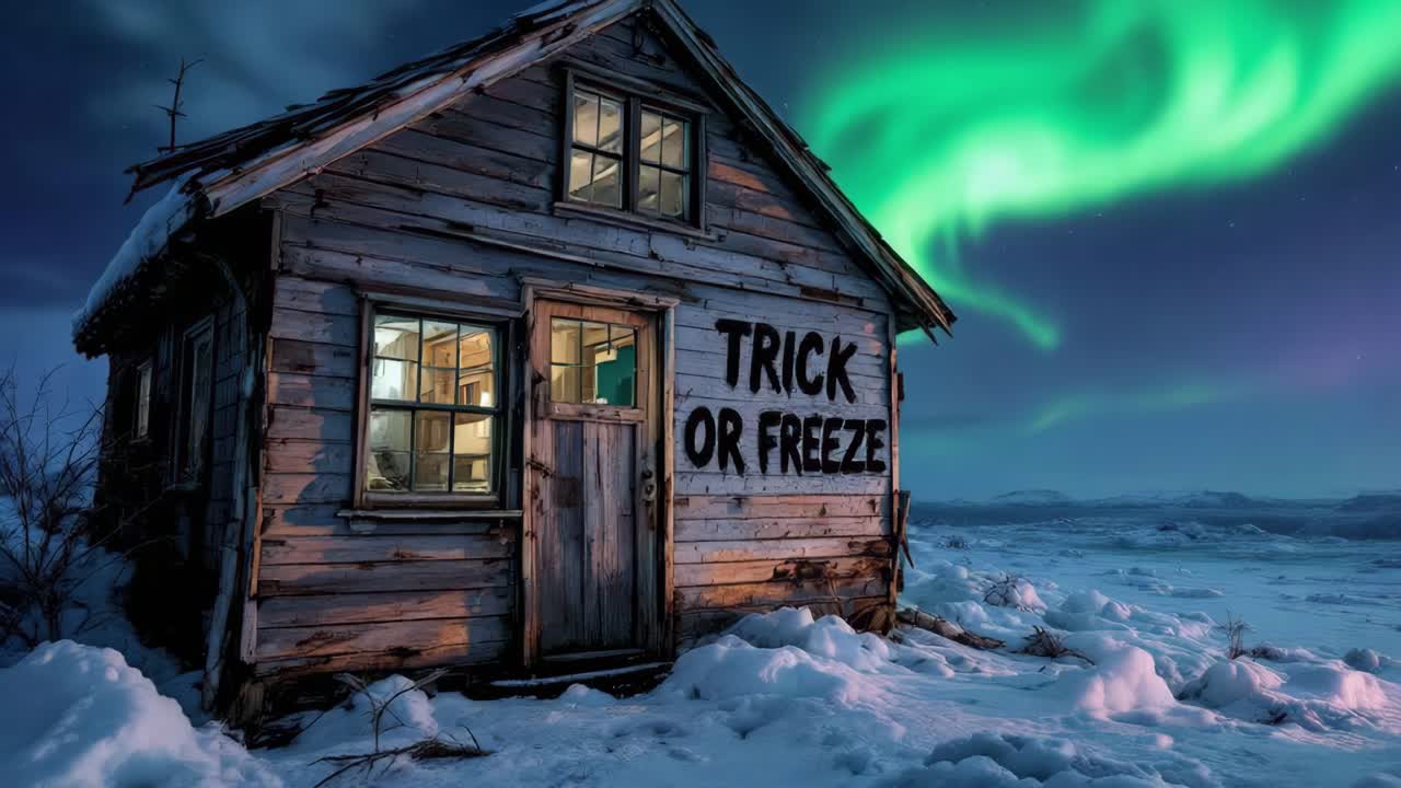 Rustic cabin illuminated by northern lights with snowy landscape and mysterious ambiance