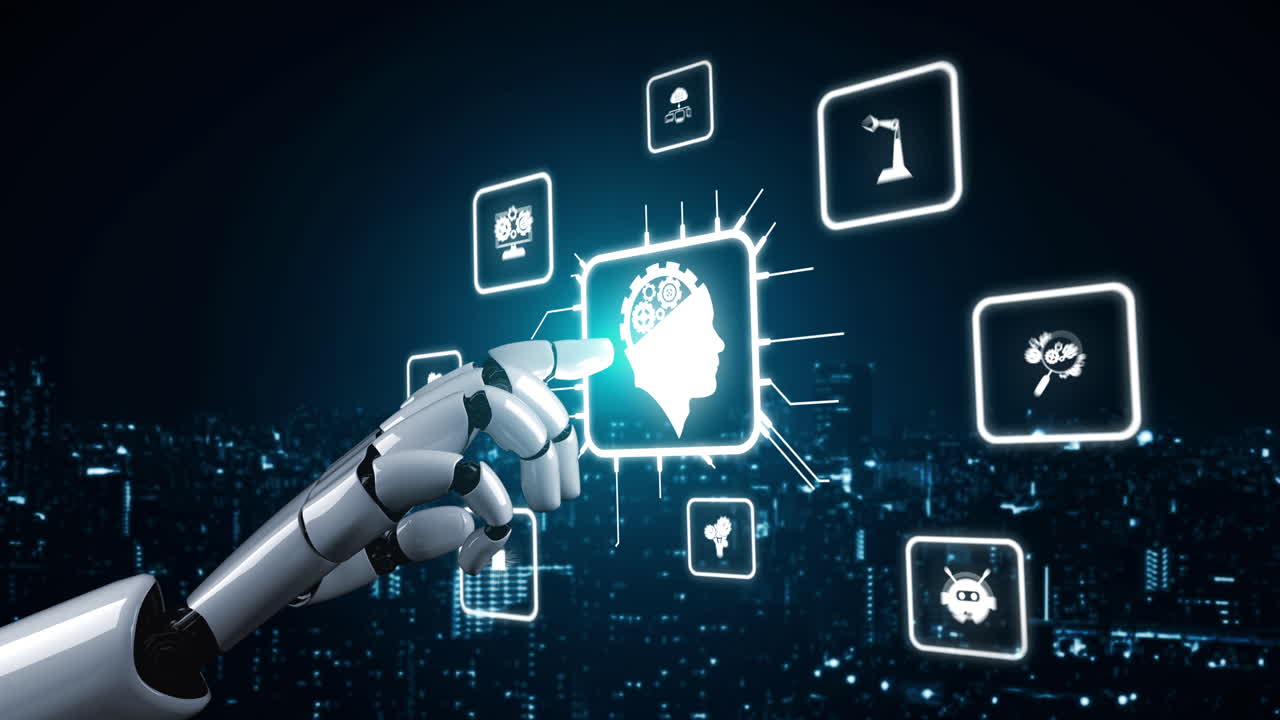 Futuristic robot artificial intelligence enlightening AI technology concept