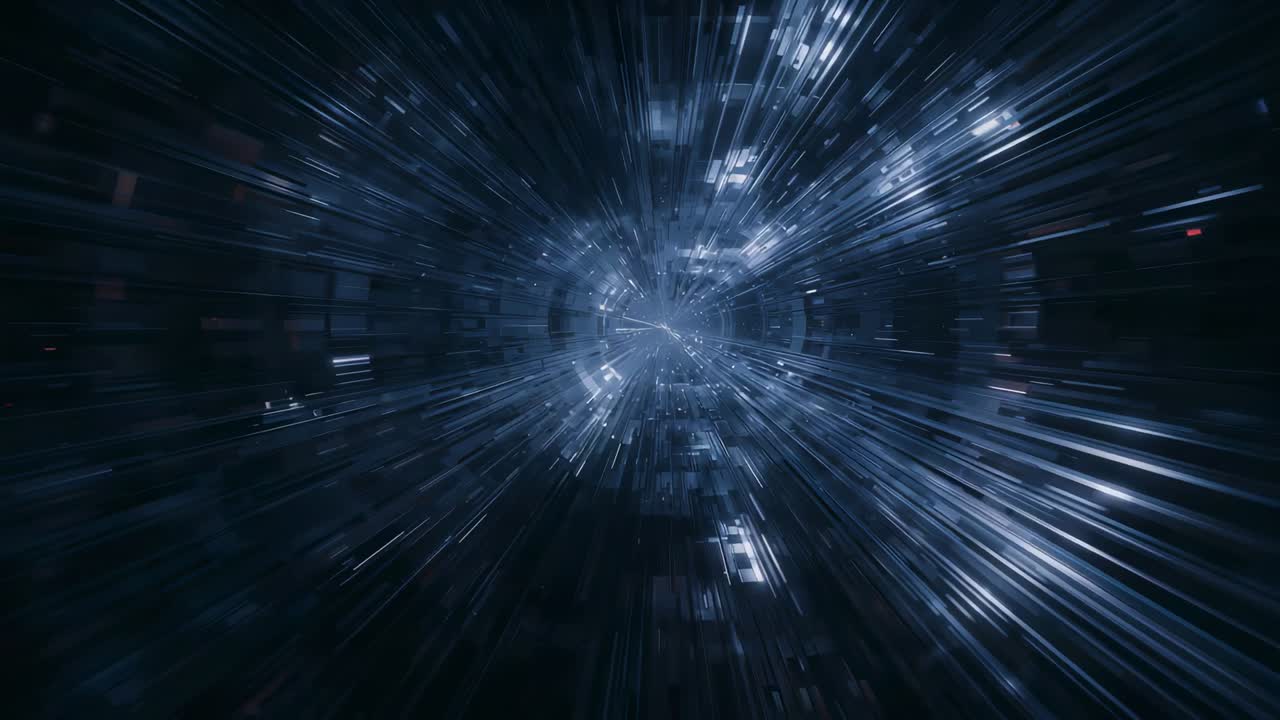Telecamera in movimento che sfreccia attraverso un tunnel in riproduzione, simulando un viaggio e rivelando il punto di fuga