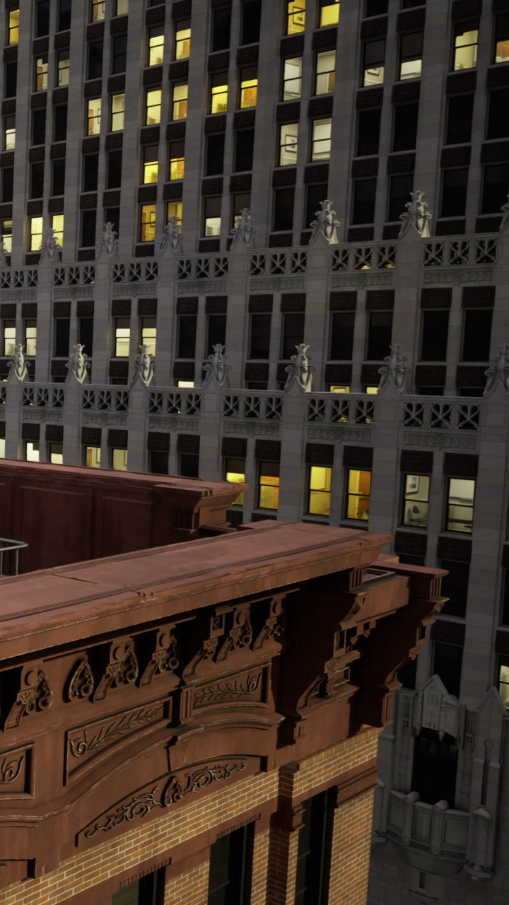 City skyline reveals ornate architecture at dusk over city street