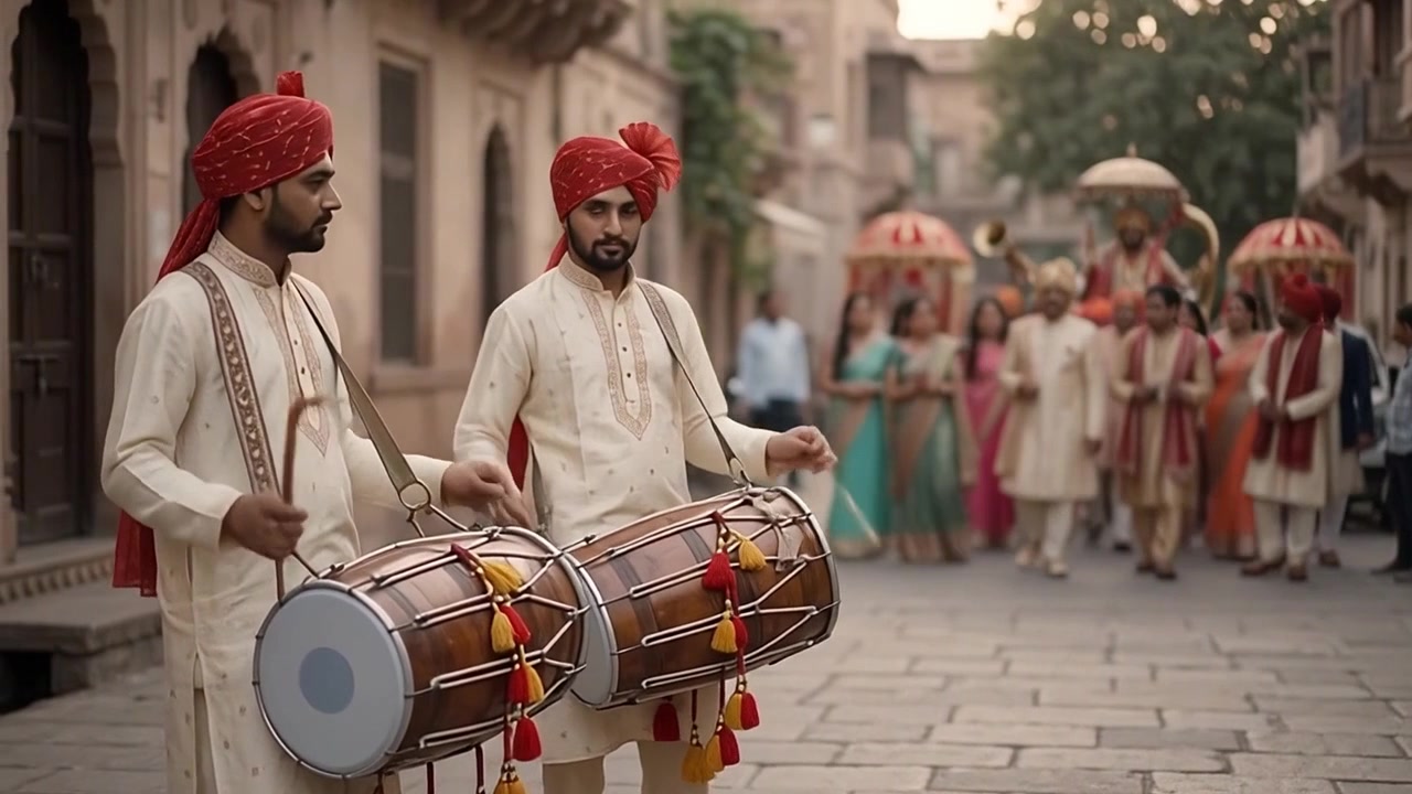 Músicos indianos tocando tambores Dhol em uma procissão de casamento tradicional