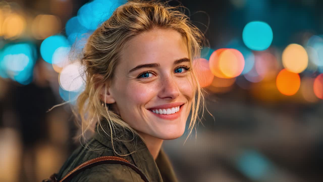 Joyful Smiles in the City: A Bright Moment Captured in a Vibrant Urban Setting with Beautiful Lights Background and Radiant Expressions
