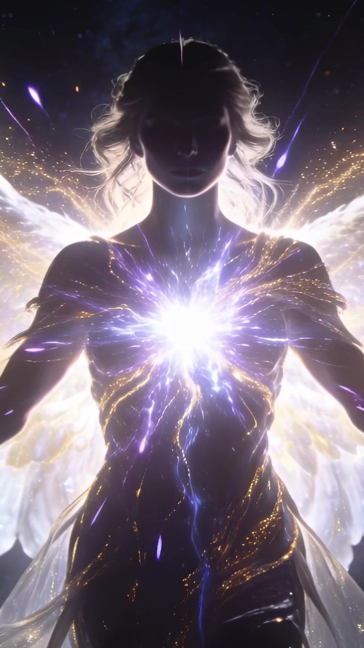 Video vertical: El pecho se eleva, figura angelical canalizando luz a través del vestido y las alas entre estrellas