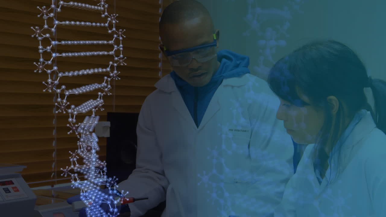 estructura de adn girando contra el hombre y la mujer científico que trabaja en el laboratorio