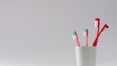 Video-of-close-up-of-toothbrushes-on-white-background