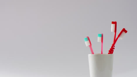 video of close up of toothbrushes on white background