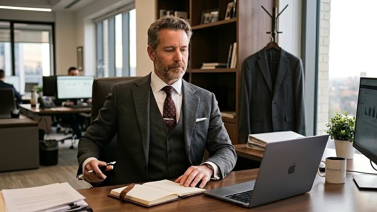 Professionel forretningsmand tager noter ved skrivebordet med bærbar computer og kontorinteriør under en fokuseret arbejdssession.