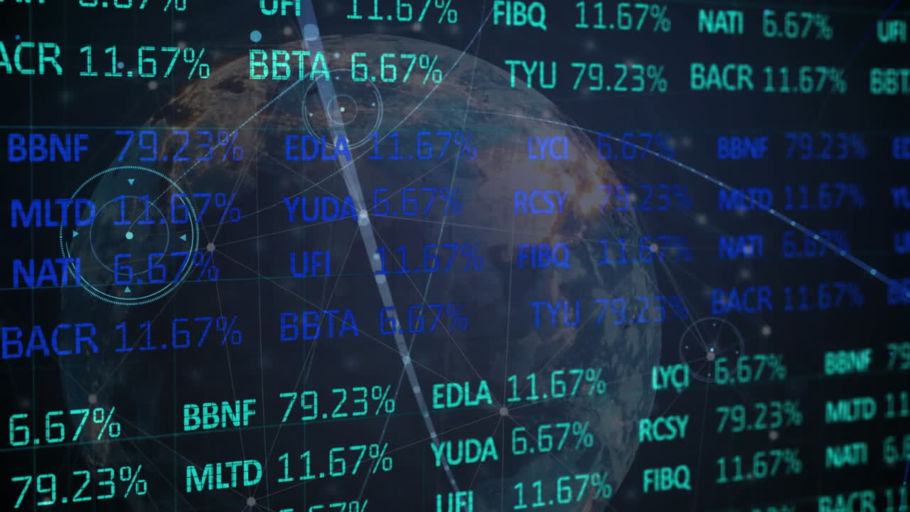 Animation of network of connections financial data on stock market screen with globe