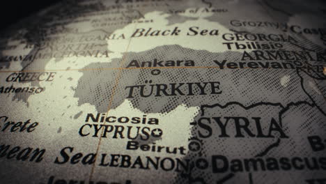 close-up view of a world map focusing on turkey, cyprus, lebanon, and syria.