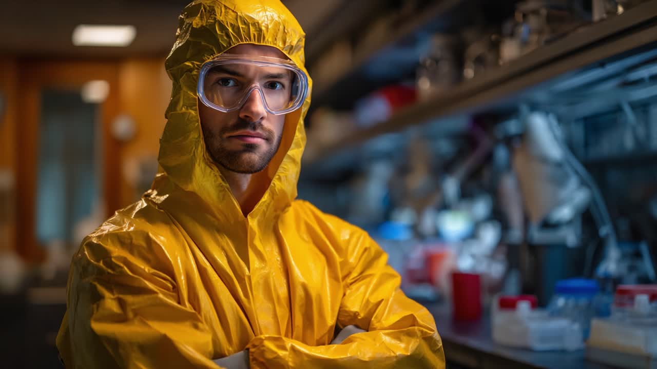 A focused scientist in a bright yellow protective suit stands in a laboratory, embodying determination and safety amidst advanced scientific equipment