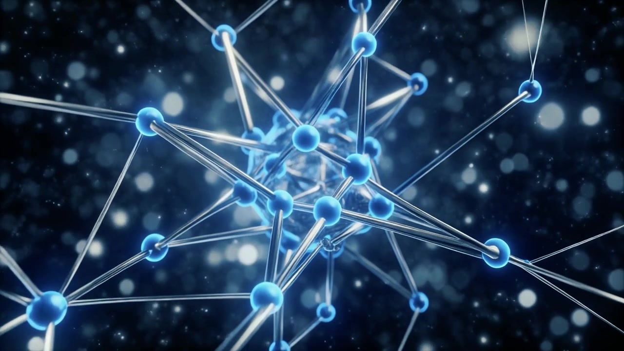 Abstract 3D Animation of Glowing Blue Molecular Network Structure