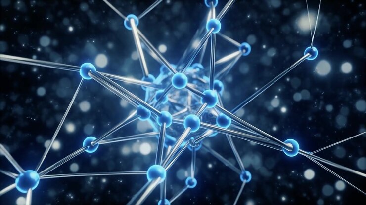 Abstract 3D Animation of Glowing Blue Molecular Network Structure