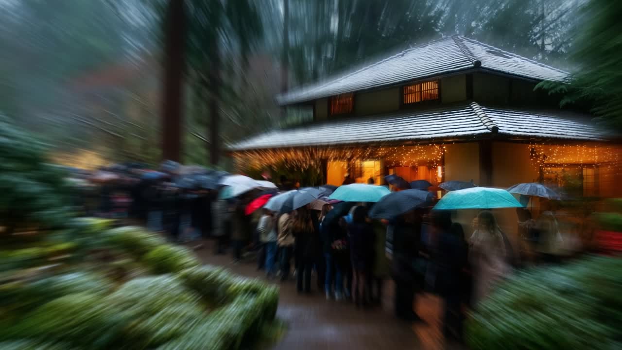 A Calm and Rainy Evening at the Enchanting House - A Long Queue of Umbrella-Holding Visitors Anticipating Their Turn to Experience the Warmth and Light Inside the Cozy Retreat Surrounded by Nature's Beauty