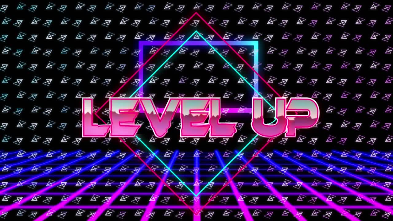 Animazione di testo "level up" in rosa metallizzato su diamanti al neon e griglia del metaverso