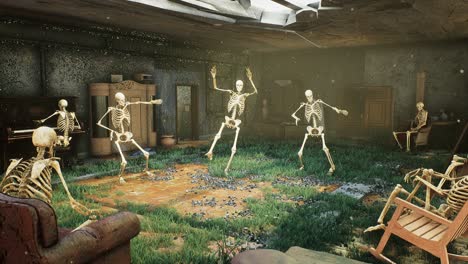 seamless animation of a creepy house populated by skeletons having fun during halloween. the concept of a post-apocalyptic world or halloween horror.