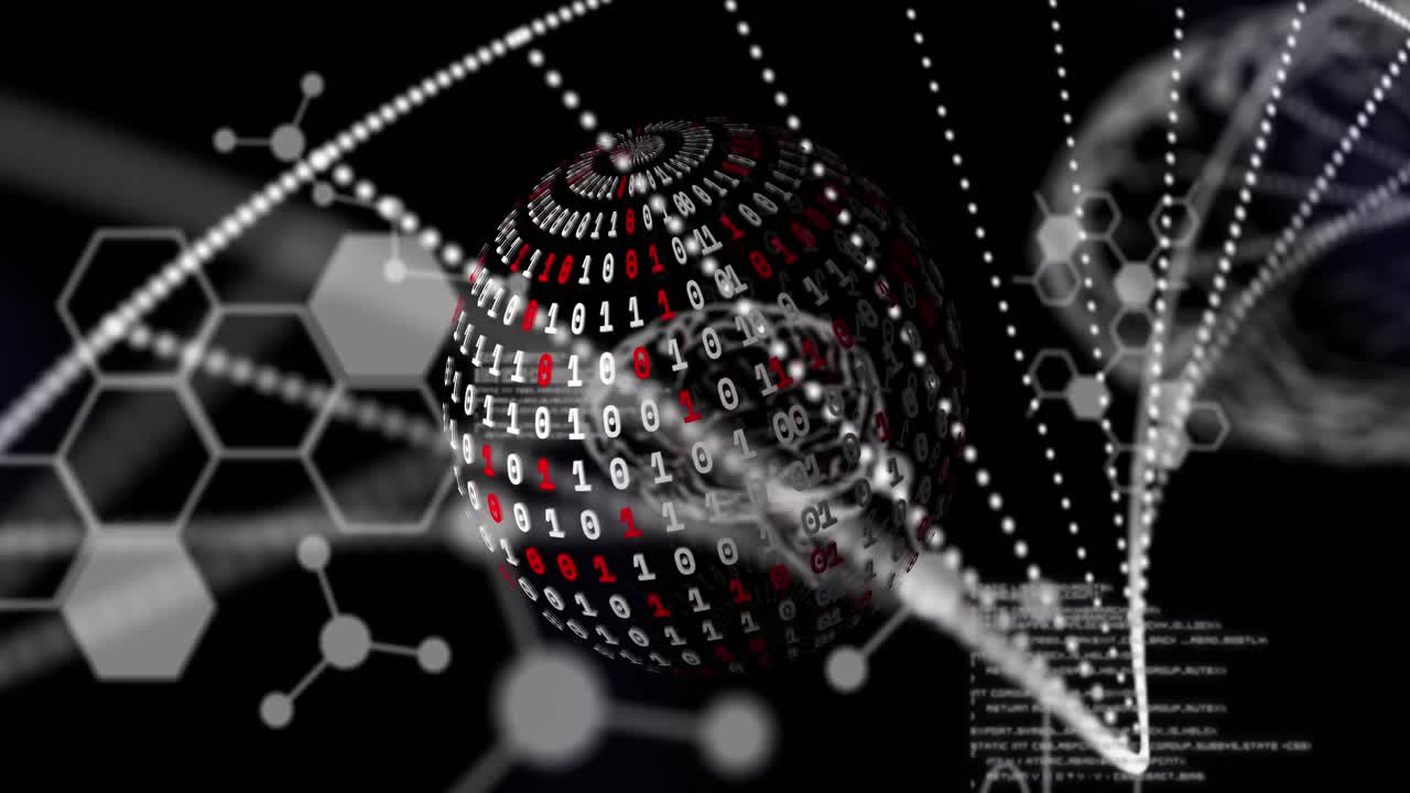 의료 데이터 처리의 애니메이션과 검은 바탕에 회전하는 이진 코딩의 지구