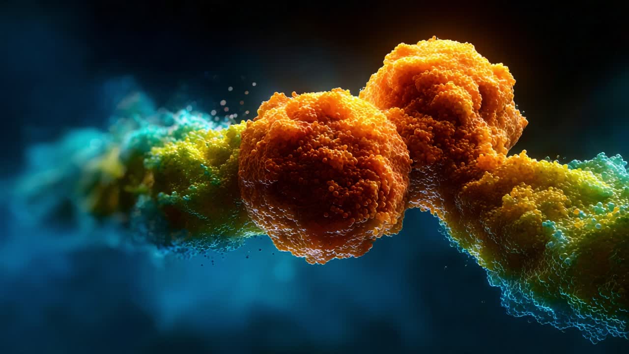 Visual Representation of Cellular Interactions: A Stunning Close-Up of Two Vibrant Cells Merging, Highlighting Their Intricate Structures and Dynamic Interplay Amidst a Colorful Background