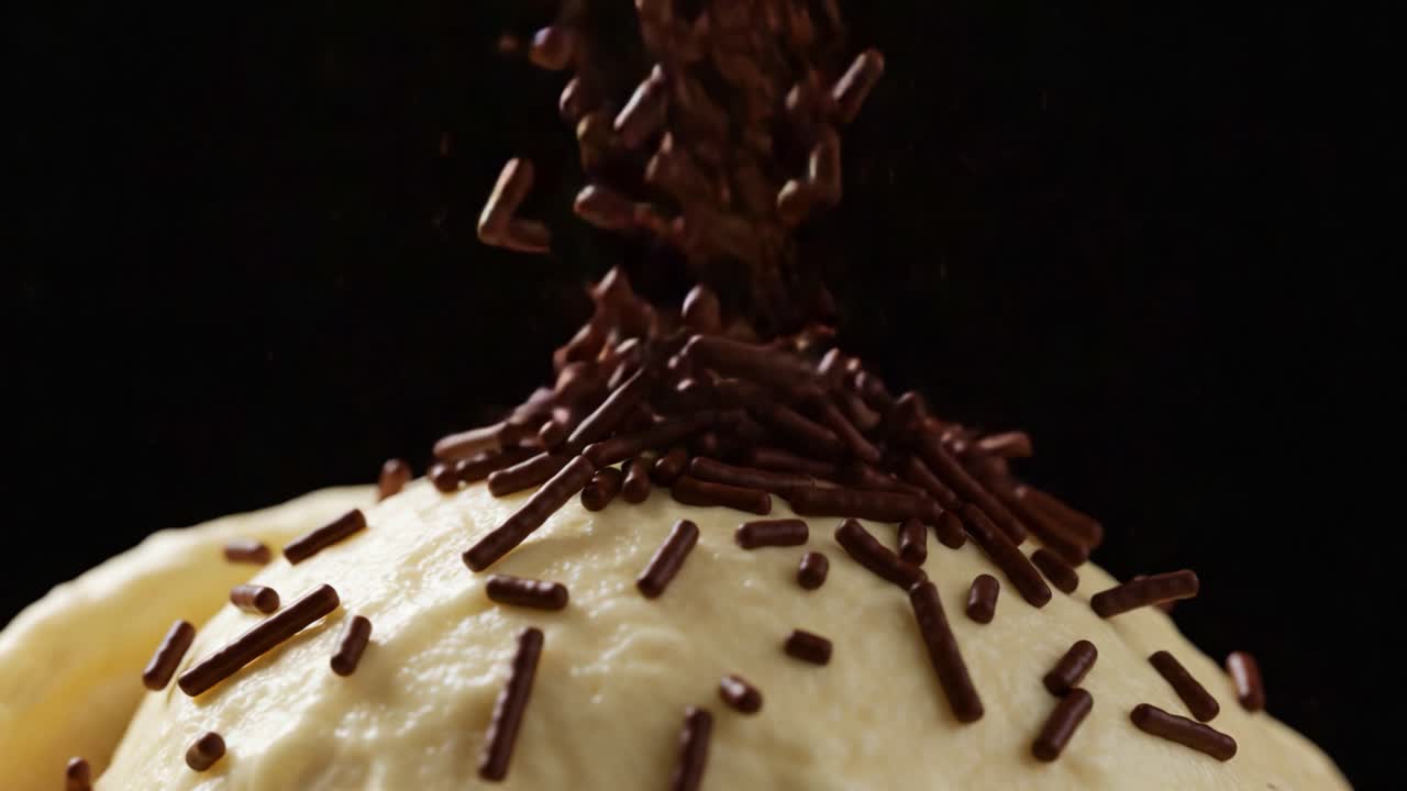 Delightful Chocolate Sprinkles Cascading Over Creamy Desserts: A Visual Feast of Sweetness and Indulgence Captured in Two Frames