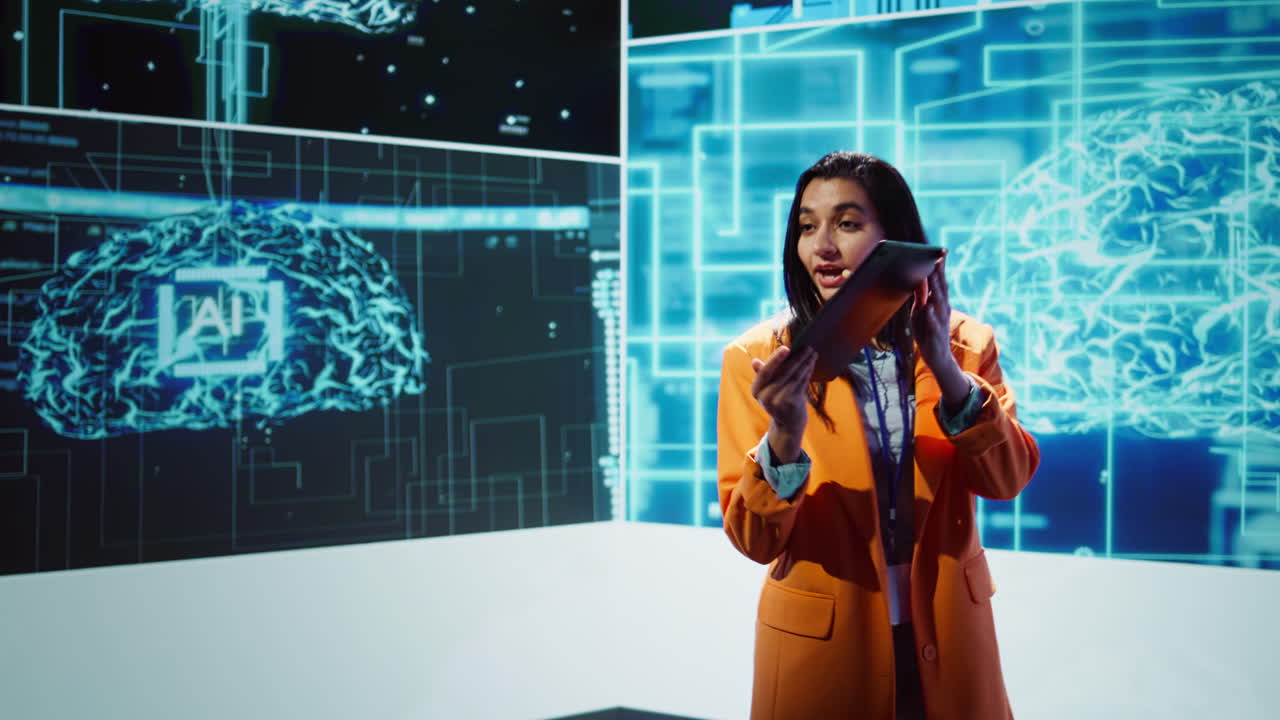 Public speaker doing presentation at tech forum event