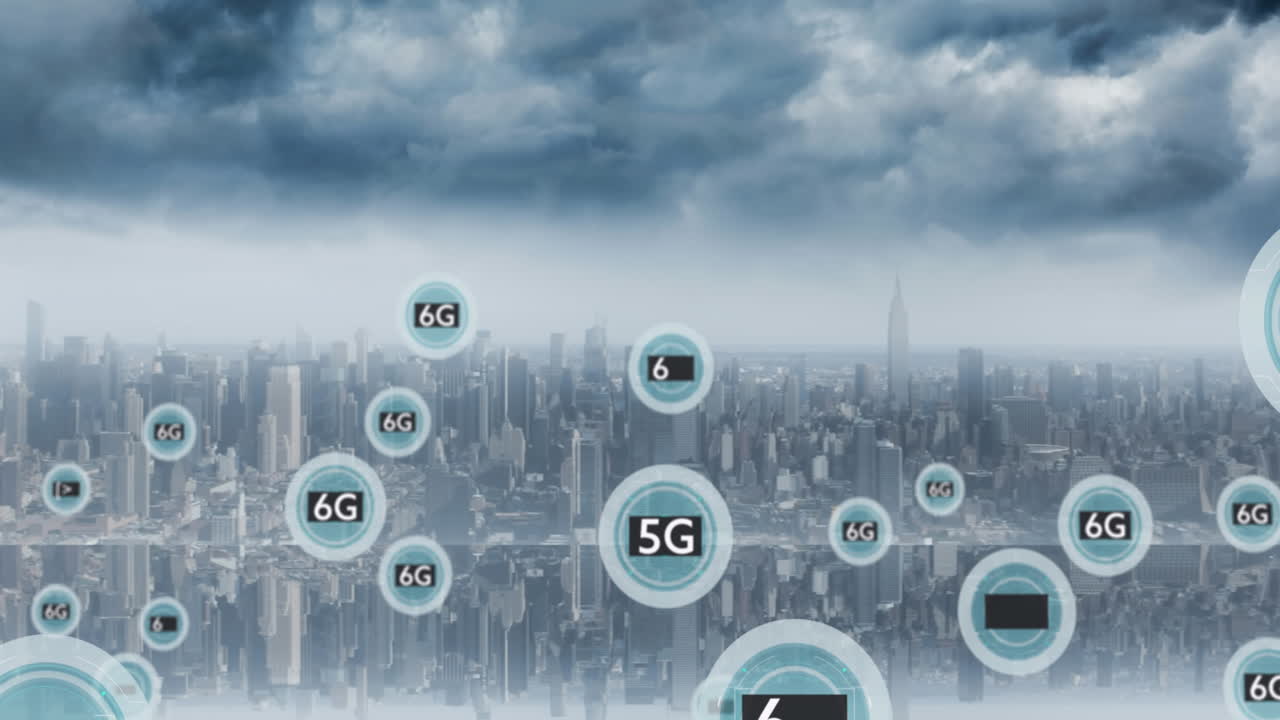 도시 풍경 위의 6g 텍스트와 연결된 네트워크의 애니메이션