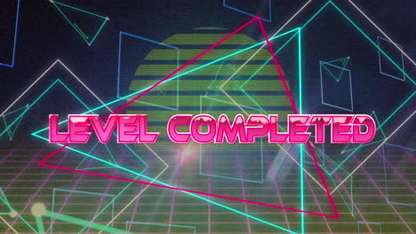 animación de niveles completados de texto banne y neón formas triangulares y cuadradas sobre la red de cuadrícula