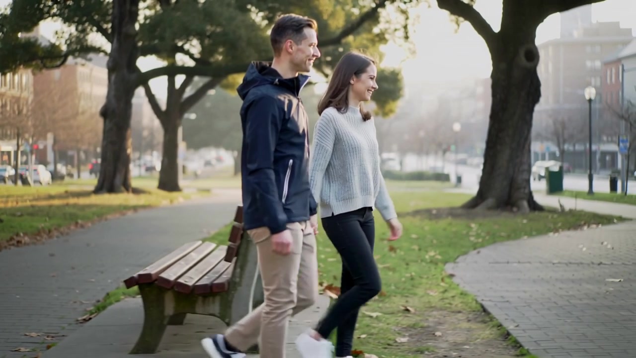 Pareja paseando tomada de la mano en un parque, acercándose a un banco de madera, con el hombre de chaqueta azul marino girándose hacia la mujer.