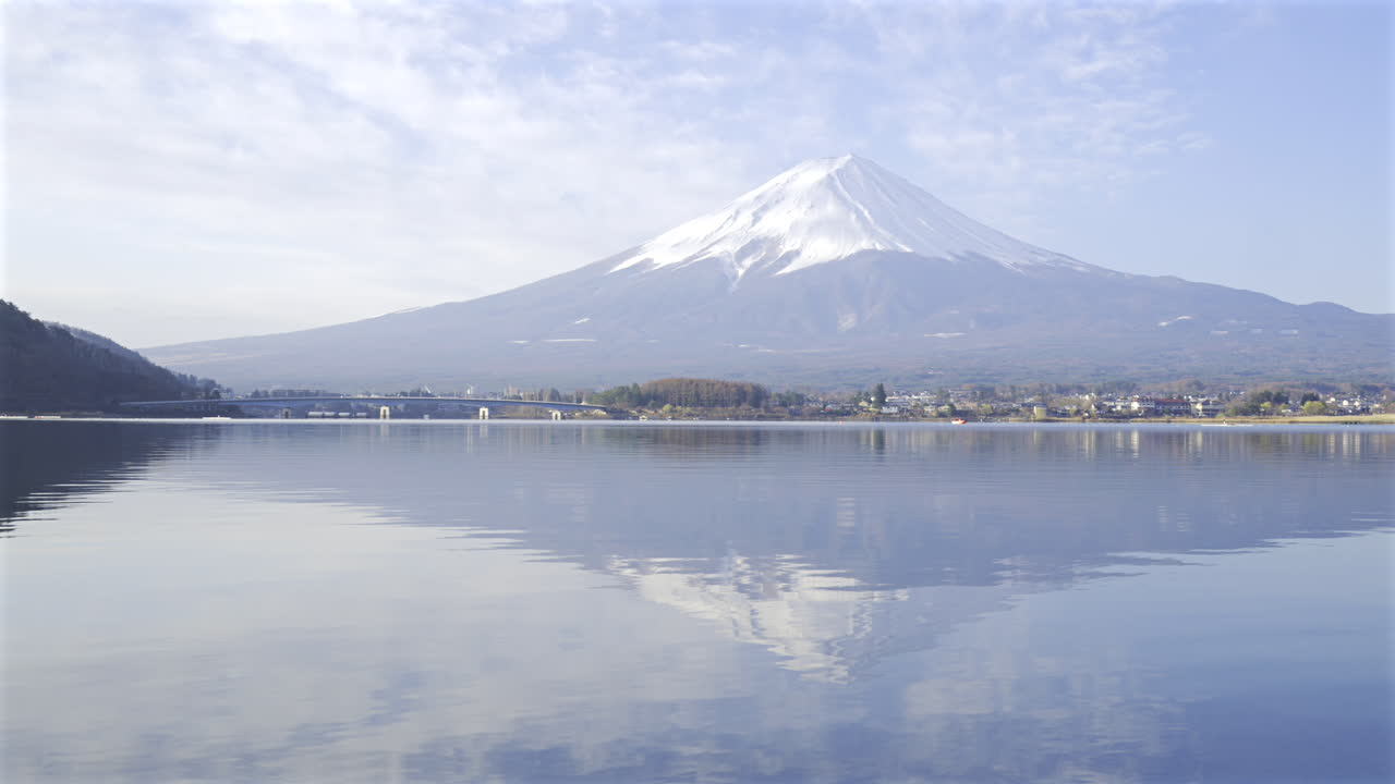 Breathtaking views of Mount Fuji reflect in the tranquil waters, showcasing lush greenery and a peaceful atmosphere in Japan on a clear afternoon. Nature surrounds the idyllic scene. Kawaguchiko Lake