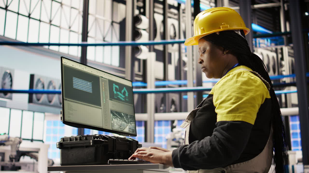 Vertical video Smart solar panels factory worker typing on PC, testing automated systems