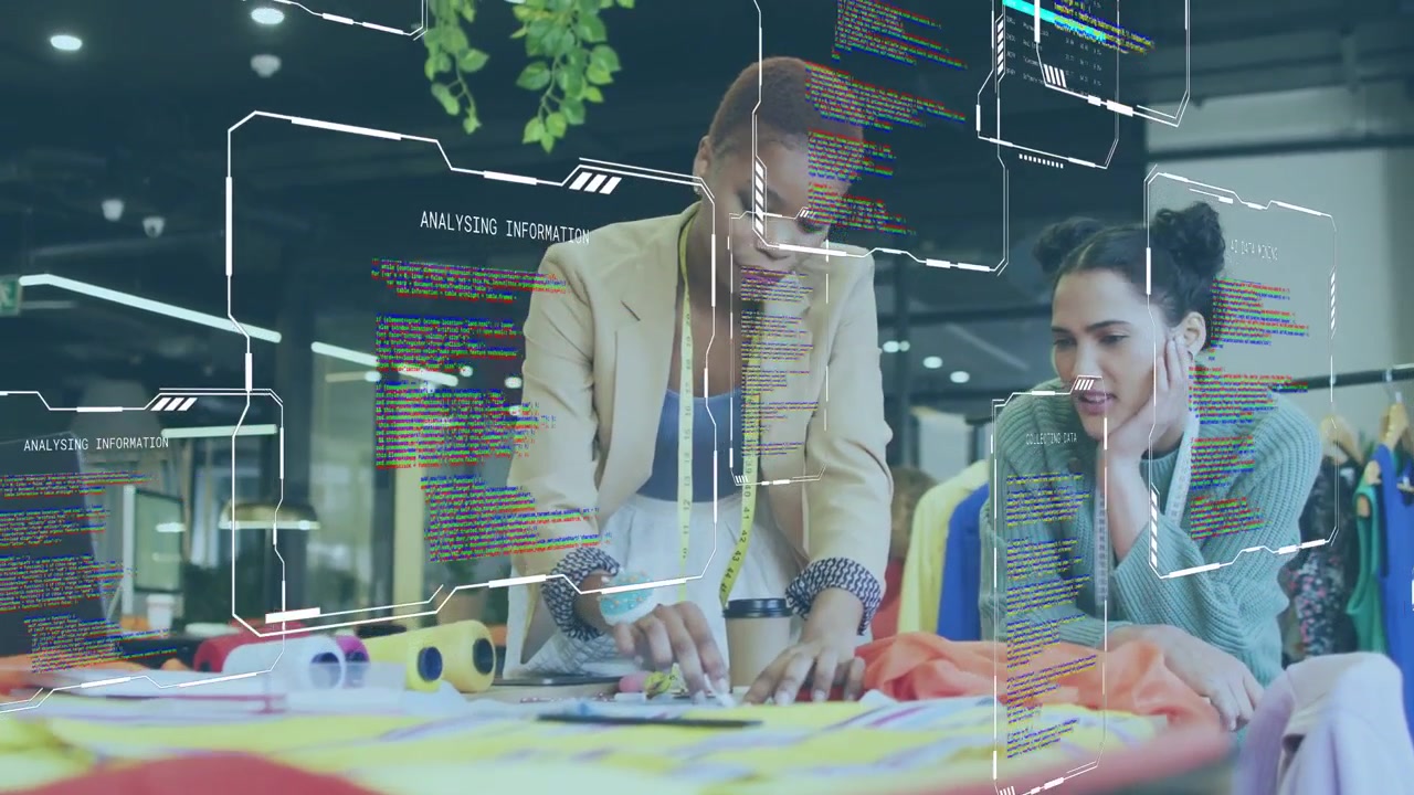 Lead designer placing patterns, measuring, assistant watching, HUD guiding fashion tweaks