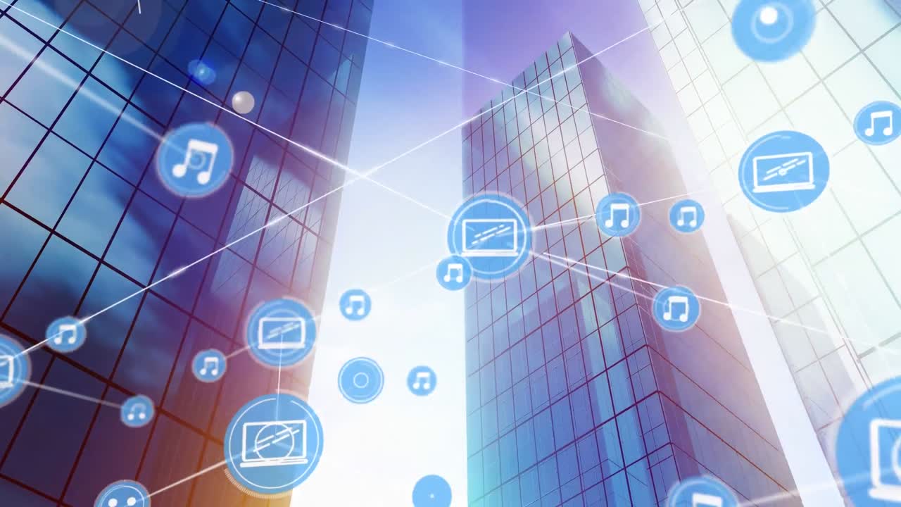 音楽とデジタルタブレットのアイコンによるネットワーク接続のアニメーション