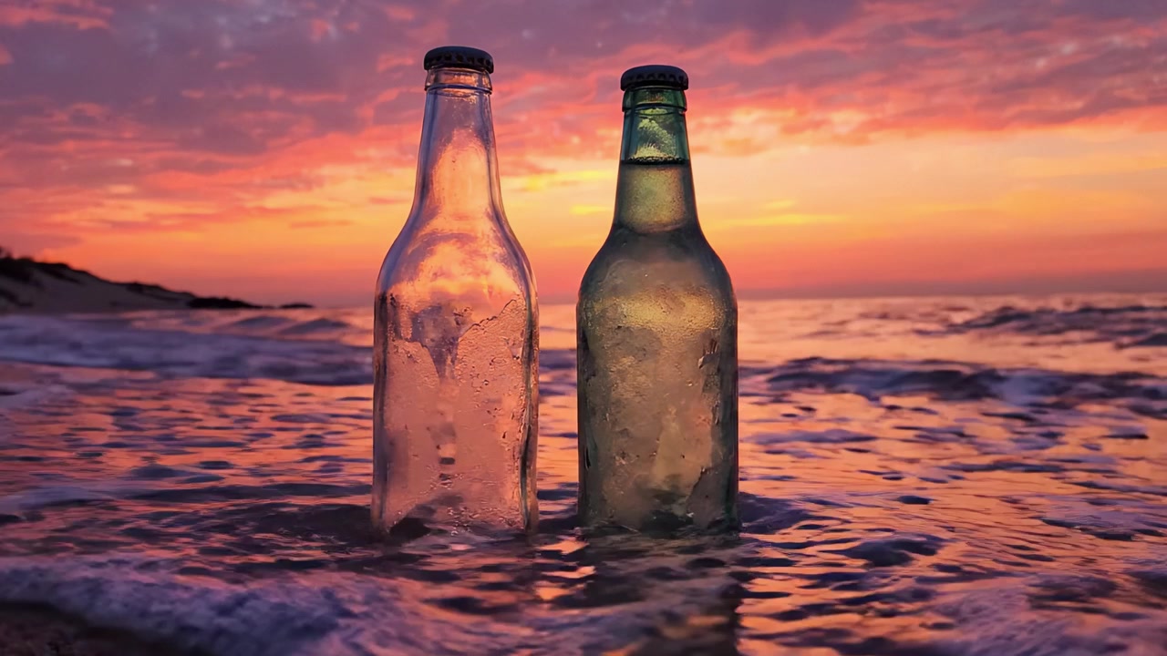 Kaksi vintage-pulloa häikäisevän auringonlaskun keskellä rannalla, heijastaen värejä ja seesteisyyttä luonnon täydellisessä harmoniassa